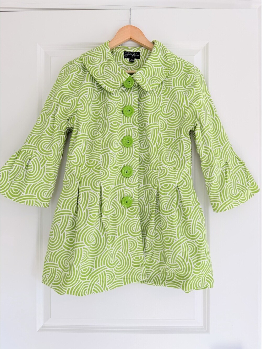 Eden Court Lime Green Swirl Print Bell Sleeve Coat Size M Maximalist Retro 60s